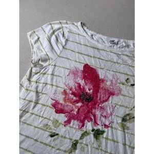 J.Jill Striped Floral Beaded Cotton Slub Tee Petite Large Quiet Luxury